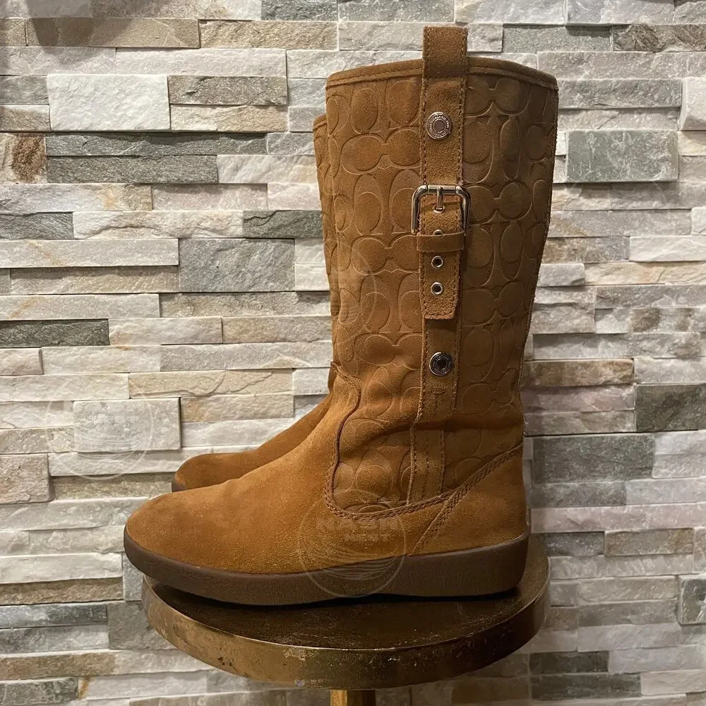 Coach Tulip Tullip Boots 8.5 | Honey Tan Suede Leather Fur, Signature C Embossed